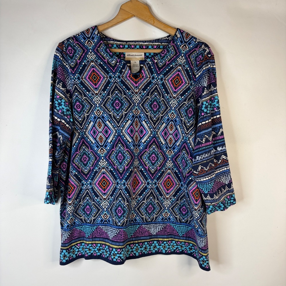 Alfred Dunner Top Womens 1X Blue Geometric Diamond Rhinestone 3/4 Sleeve
